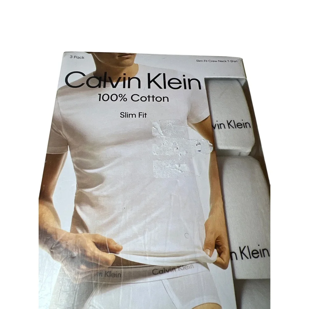 Calvin Klein 3 Pack Mens Slim Fit Crew Neck T Shirts 100 Percent Cotton White XL